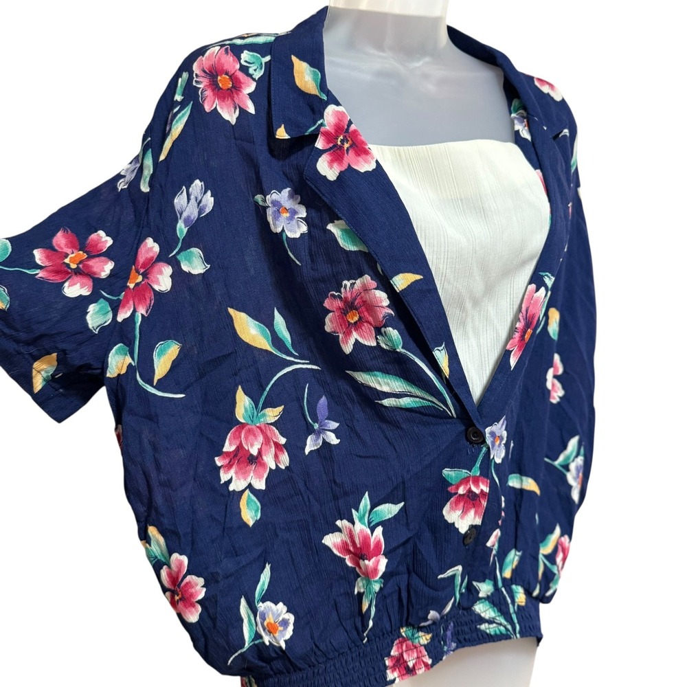 Jaclyn‎ Smith Floral Blouse Women Large Navy Blue NEW Smocked Waist Layered Look - Picture 3 of 7